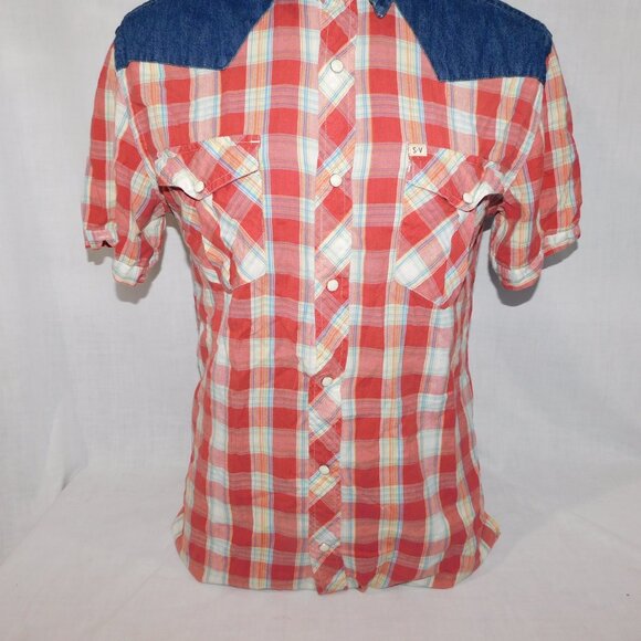 Salt Valley Western Mens M Red Plaid Denim Detail Short Sleeve pearl Snap Shirt - Picture 3 of 12